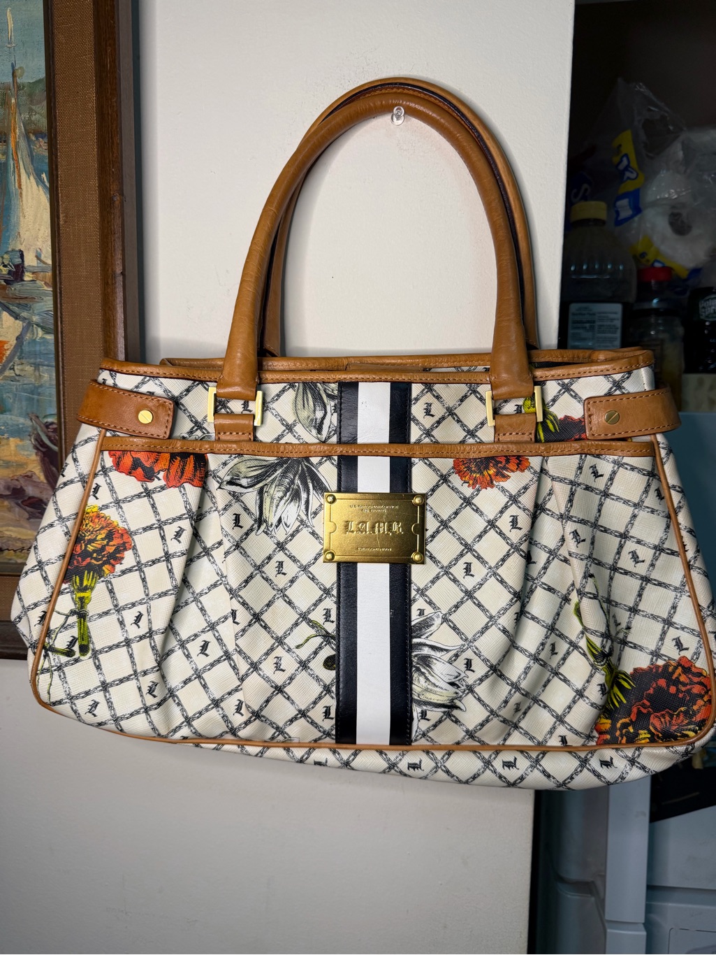 L.A.M.B. Cream Floral Canvas Tote With Tan Leather And Black-White Stripe